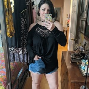 Black Crochet Trim Flowy Sharkbite Tunic Top